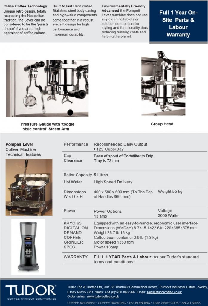 Pompeii 1 Group Lever Espresso Coffee Machine by Izzo Tudor Tea & Coffee