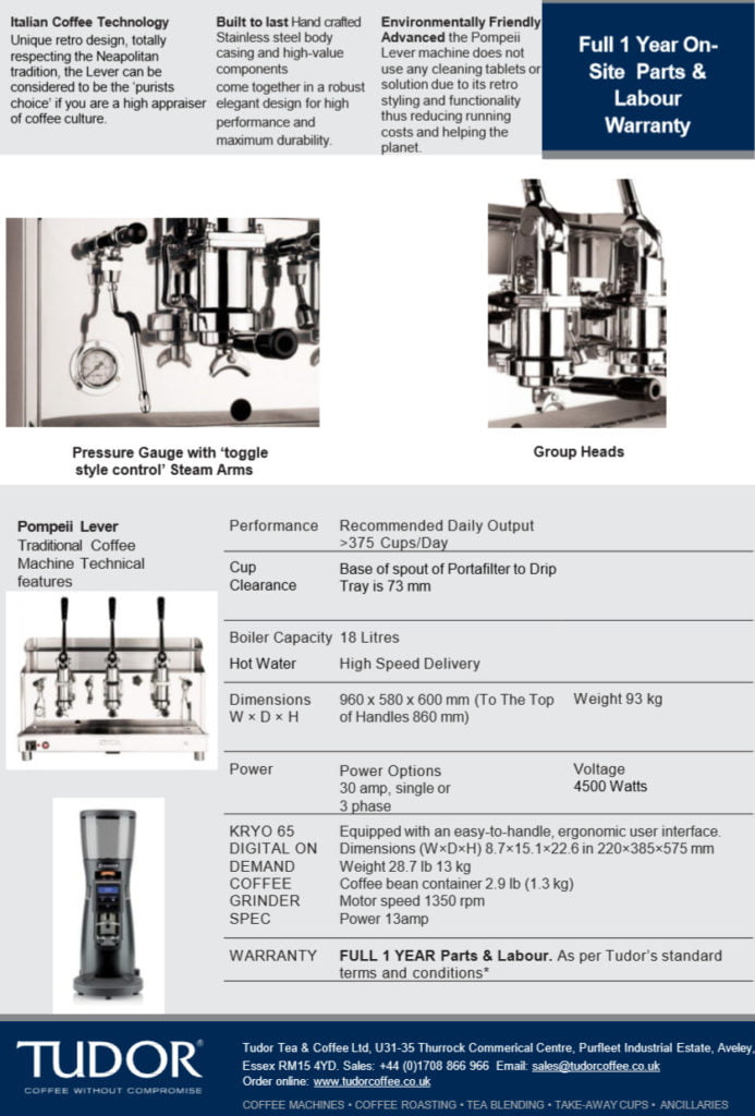 Pompeii 3 Group Lever Espresso Coffee Machine by Izzo Tudor Tea & Coffee