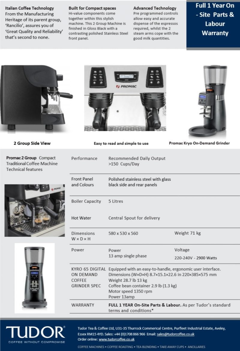 Promac 2 Group Compact Espresso Coffee Machine Tudor Tea & Coffee